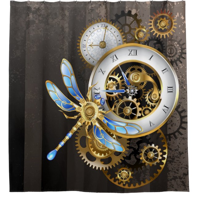 Rideaux De Douche Horloge à vapeur avec libellule mécanique (Devant)