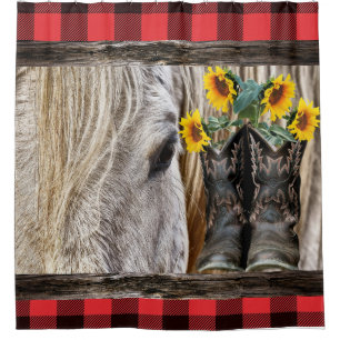 Rideaux De Douche Horse Cowboy Bottes Barre Rouge Plaid