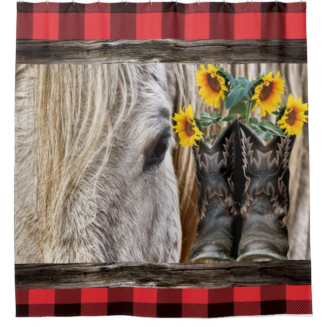 Rideaux De Douche Horse Cowboy Bottes Barre Rouge Plaid (Devant)