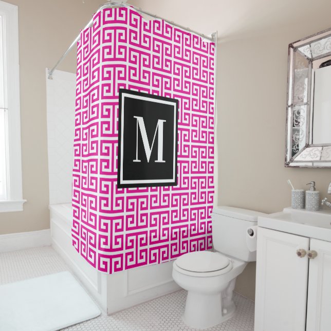 Rideaux De Douche Hot Pink Greek Key Black White Monogram (En situation)