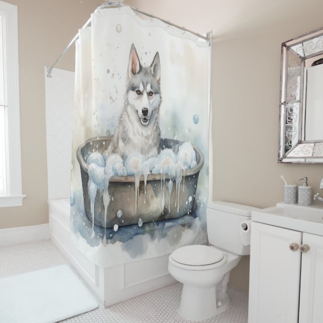 Rideaux De Douche Husky Sibérien Dans La Baignoire Aquarelle Chien A (En situation)