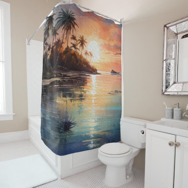 Rideaux De Douche Île tropicale Palmiers Ocean Beach Sunset (En situation)