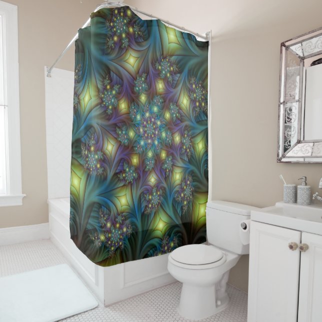 Rideaux De Douche Illuminé Abstrait brillant Turquoise violet Fracta (En situation)