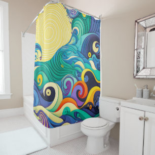 Rideaux De Douche Illustration Abstraite de la ligne Sun Waves