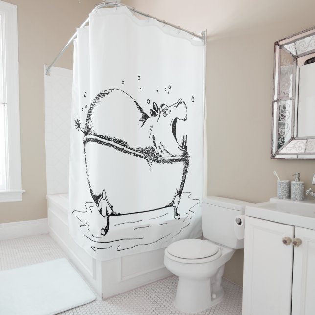 Rideaux De Douche Illustration amusante de bain Hippo noir (En situation)