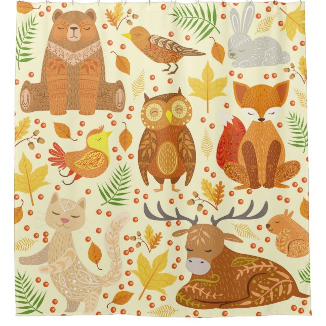 Rideaux De Douche Illustration d'animaux de forêt ornementaux. (Devant)