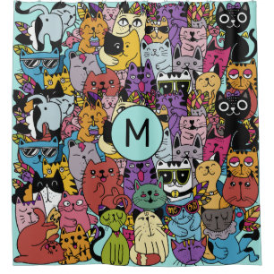 Rideaux De Douche Illustration de chats amusants Monogrammes personn