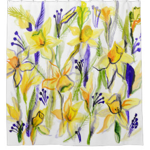 Rideaux De Douche Illustration de l'aquarelle des jonquilles jaunes
