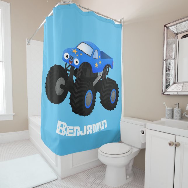 Rideaux De Douche Illustration d'un camion monstre bleu mou (En situation)