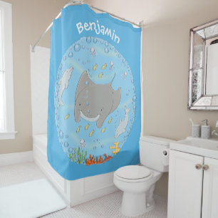 Rideaux De Douche Illustration d'une mignonne raie manta et de bulle