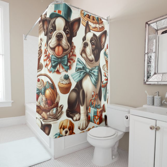 Rideaux De Douche Illustration Retro Cute Boston Terrier (En situation)