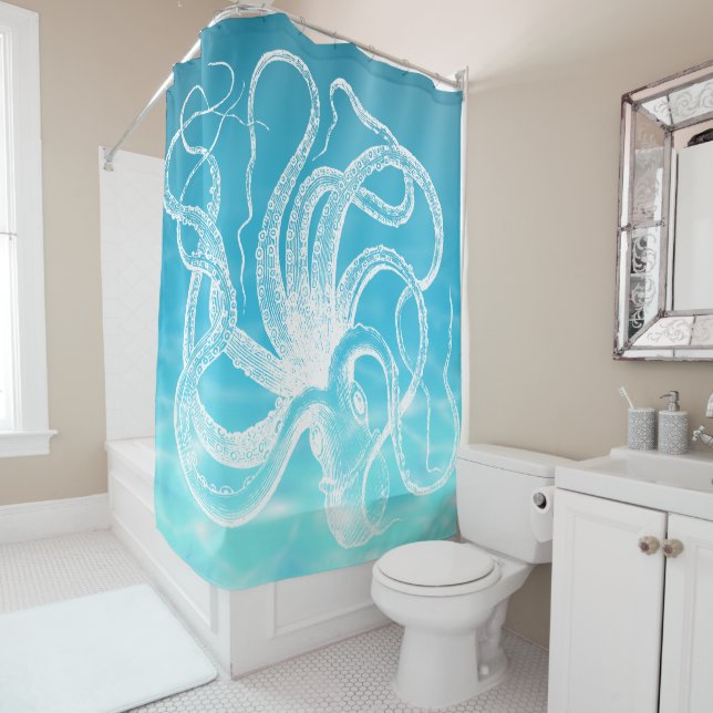 Rideaux De Douche Illustration superbe de pieuvre blanche Eau océani (En situation)