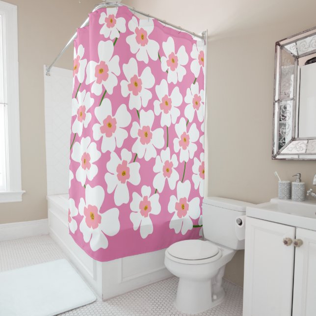 Rideaux De Douche Imaginaire blanc et rose (En situation)