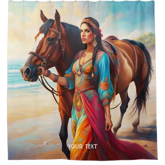 Rideaux De Douche Imaginaire Cute Vivid Girl Horse Sea (Devant)