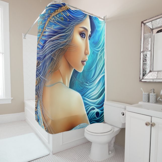 Rideaux De Douche Imaginaire déesse Rayonnante Bleu Profondeurs Art  (En situation)