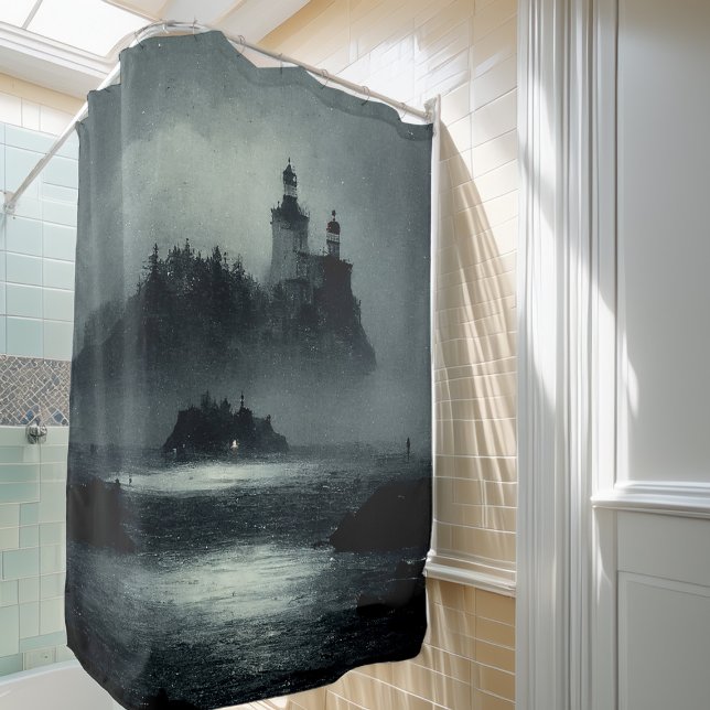 Rideaux De Douche Imaginaire Island Lighthouse Misty Foggy Dark Nigh (Créateur téléchargé)