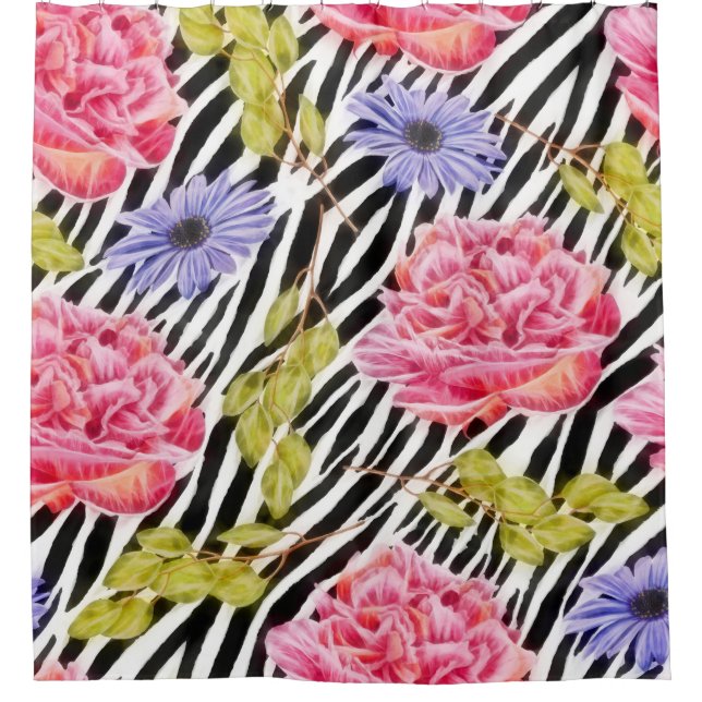 Rideaux De Douche Impression Zebra avec rose chic et violet floral (Devant)