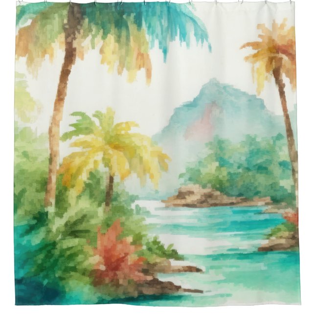 Rideaux De Douche Impressionniste aquarelle Scène de l'île tropicale (Devant)