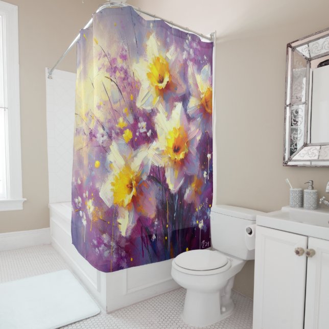 Rideaux De Douche Impressionniste Daffodique Floral Purple Jaune Art (En situation)