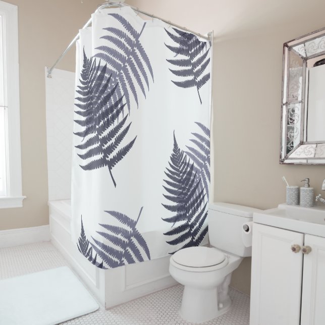 Rideaux De Douche Indigo Blue White Tree Fern Feuille Motif (En situation)