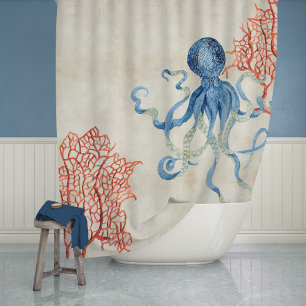 Rideaux De Douche Indigo Ocean Parchment Rouge Ventilateur Coral Ble