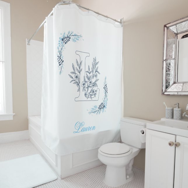 Rideaux De Douche Initiale "L" Monogramme bleu Calme Floral (En situation)