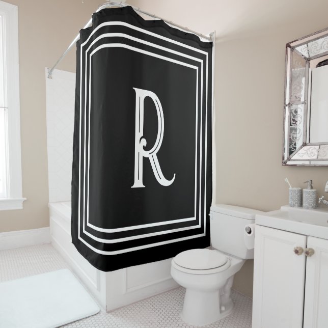 Rideaux De Douche Initiales de monogramme noir blanc script élégant (En situation)