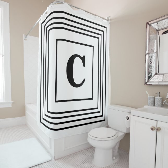 Rideaux De Douche Initiales Monogrammes Noir Blanc Gratté Nom Person (En situation)