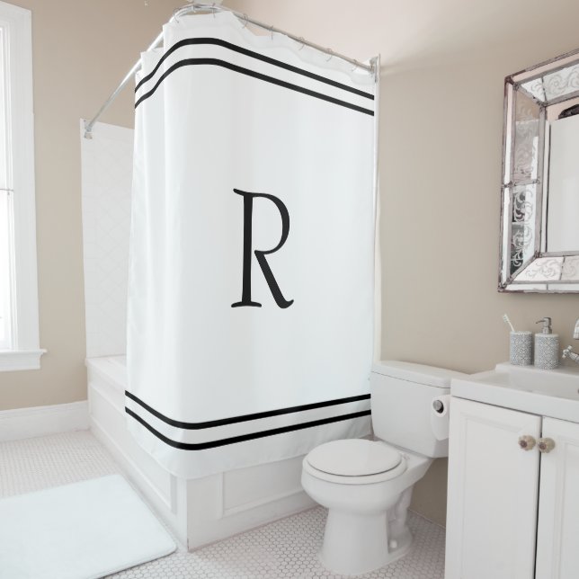 Rideaux De Douche Initiales Monogrammes Nom personnalisé Bandes noir (En situation)