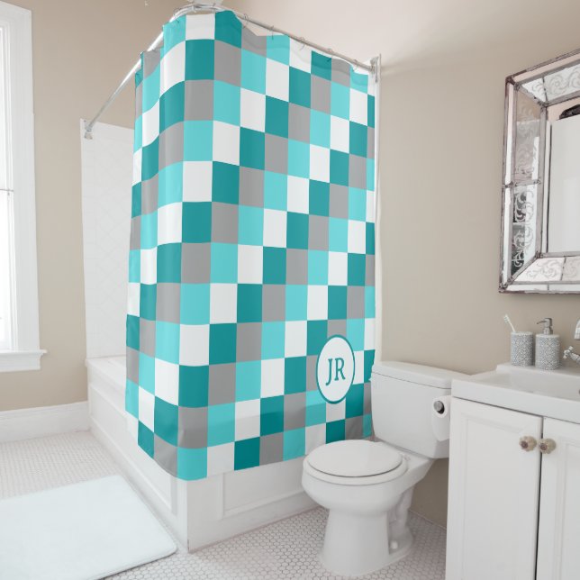 Rideaux De Douche Initiales monogrammes sur Turquoise et Aqua vérifi (En situation)