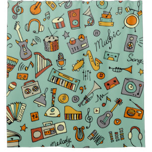 Rideaux De Douche Instruments de musique, motif de croquis vintage.