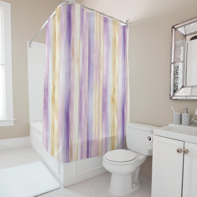 Rideaux De Douche Iris rayures crème violet   (En situation)
