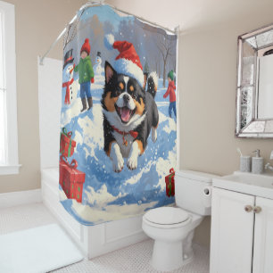 Rideaux De Douche Japanese Chin courant dans la neige avec un chapea