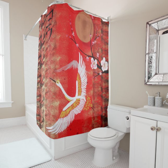 Rideaux De Douche Japonaise grue soleil Japon sakura rouge (En situation)