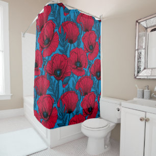 Rideaux De Douche Jardin de pavot rouge sur bleu