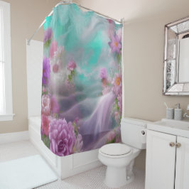 Rideaux De Douche Jardin D'Imaginaire Avec Fleurs Et Cascade Rose