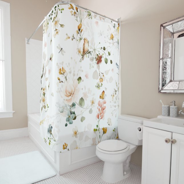 Rideaux De Douche Jardin Fleur sauvage d'aquarelle moderne (En situation)