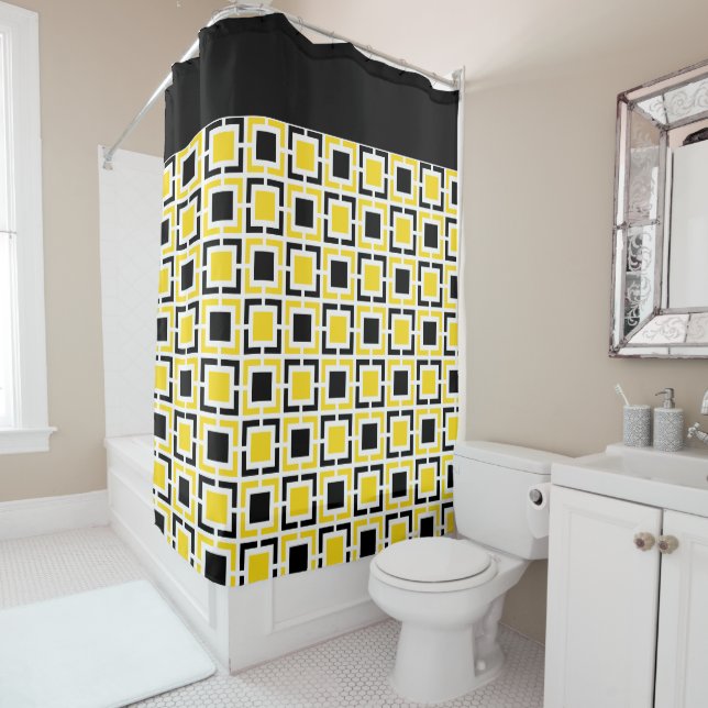 Rideaux De Douche Jaune, carrés blancs de noir rétros (En situation)