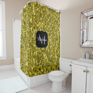 Rideaux De Douche Jaune or foncé faux paillettes scintillantes Monog