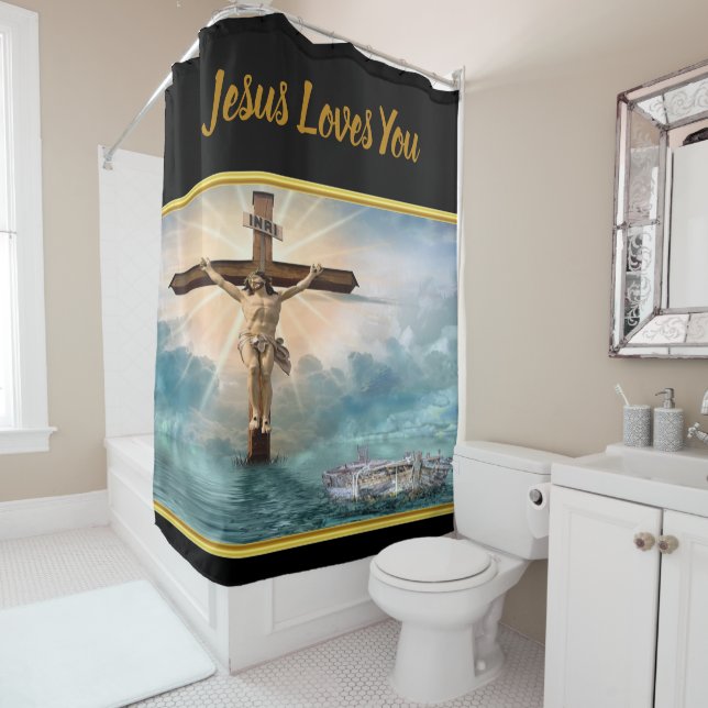 Rideaux De Douche Jésus pendant d'une croix chrétienne de (En situation)