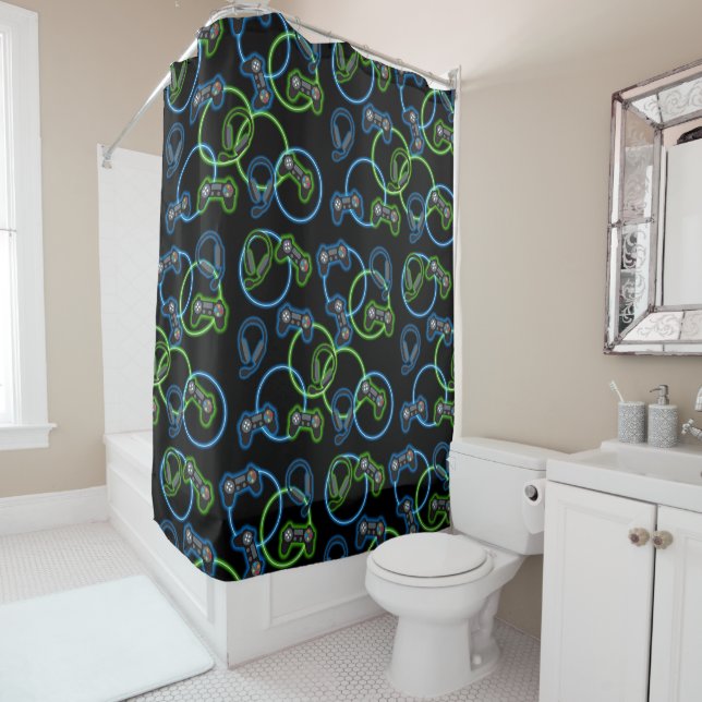 Rideaux De Douche Jeu vidéo Neon Blue & Green Motif (En situation)