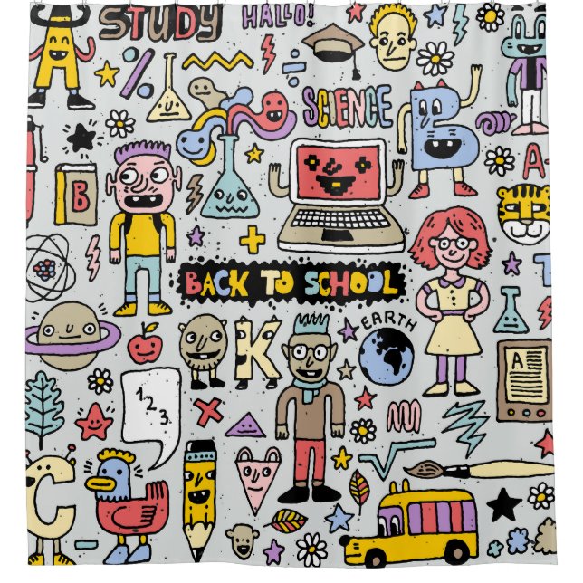 Rideaux De Douche Jeu Vintage de l'école Doodle coloré (Devant)