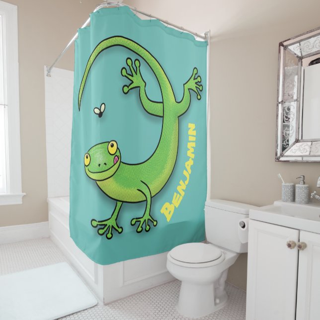 Rideaux De Douche Joli gecko vert salutations avec dessin animé (En situation)