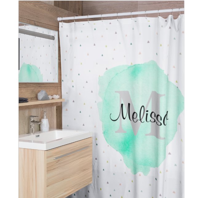 Rideaux De Douche Joli Monogramme Aquarelle Nom Motif Moderne (Pretty and modern teal monogram shower curtain.)