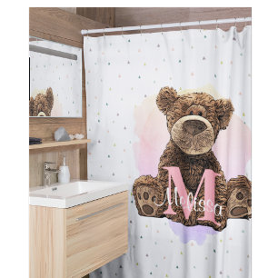Rideaux De Douche Joli Monogramme Aquarelle Nom Ours en Teddy Rose
