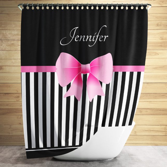 Rideaux De Douche Joli noir et blanc Motif  rose Bow Nom (Cute Black & White Stripes Pattern Pink Bow Name Shower Curtain)