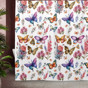 Rideaux De Douche Joli papillon d'aquarelle Motif de jardin fleuri