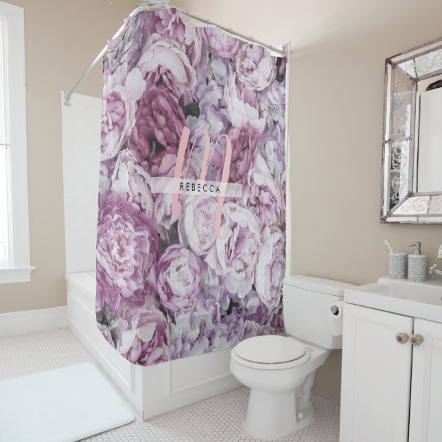 Rideaux De Douche Joli Peony Rose Floral Pink Monogramme (En situation)