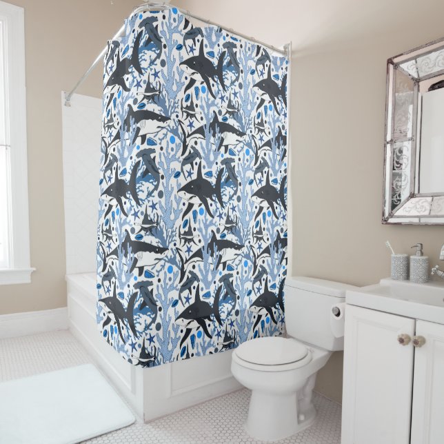 Rideaux De Douche Joli requin de plage motif carrelé (En situation)