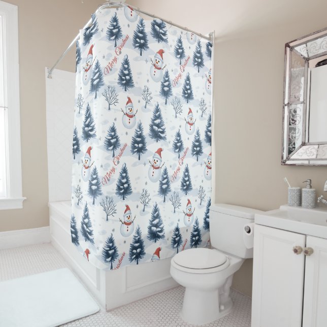 Rideaux De Douche Joli Snowman Et Snowy Trees Joyeux Noël (En situation)